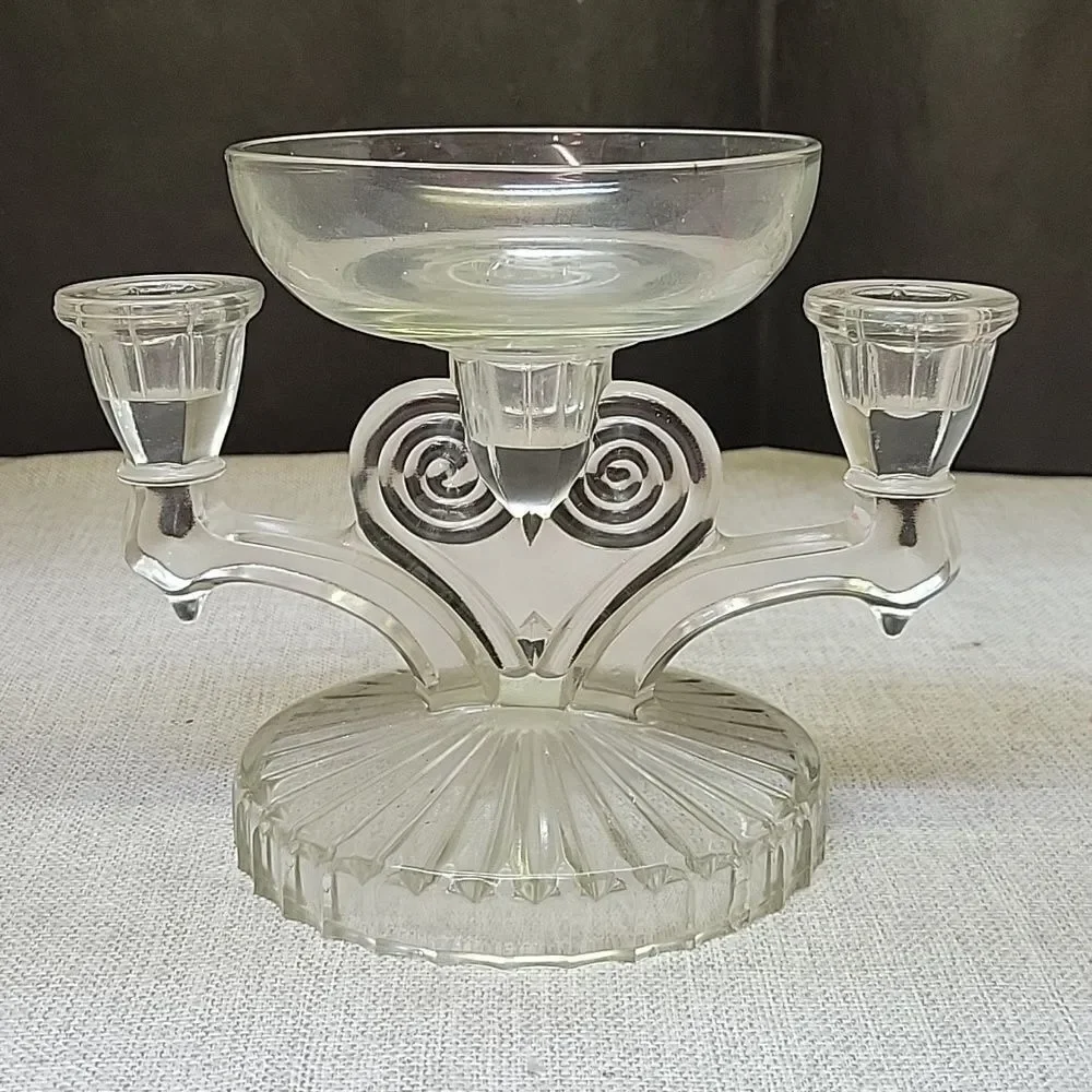 Vintage Jeannette Glass COSMOS Triple Candle Candlestick Clear Glass Candelabras
